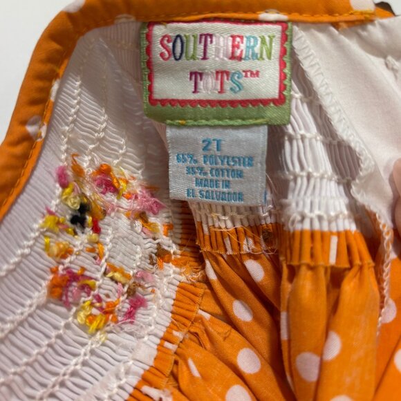 Southern Smocked Thanksgiving Turkey Embroidered Orange Polka Dot 2T Dress - Picture 3 of 7